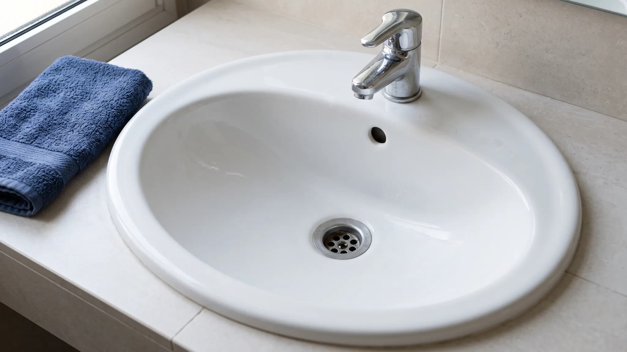 Interior de un lavabo de cerámica con el desagüe y el rebosadero visibles
