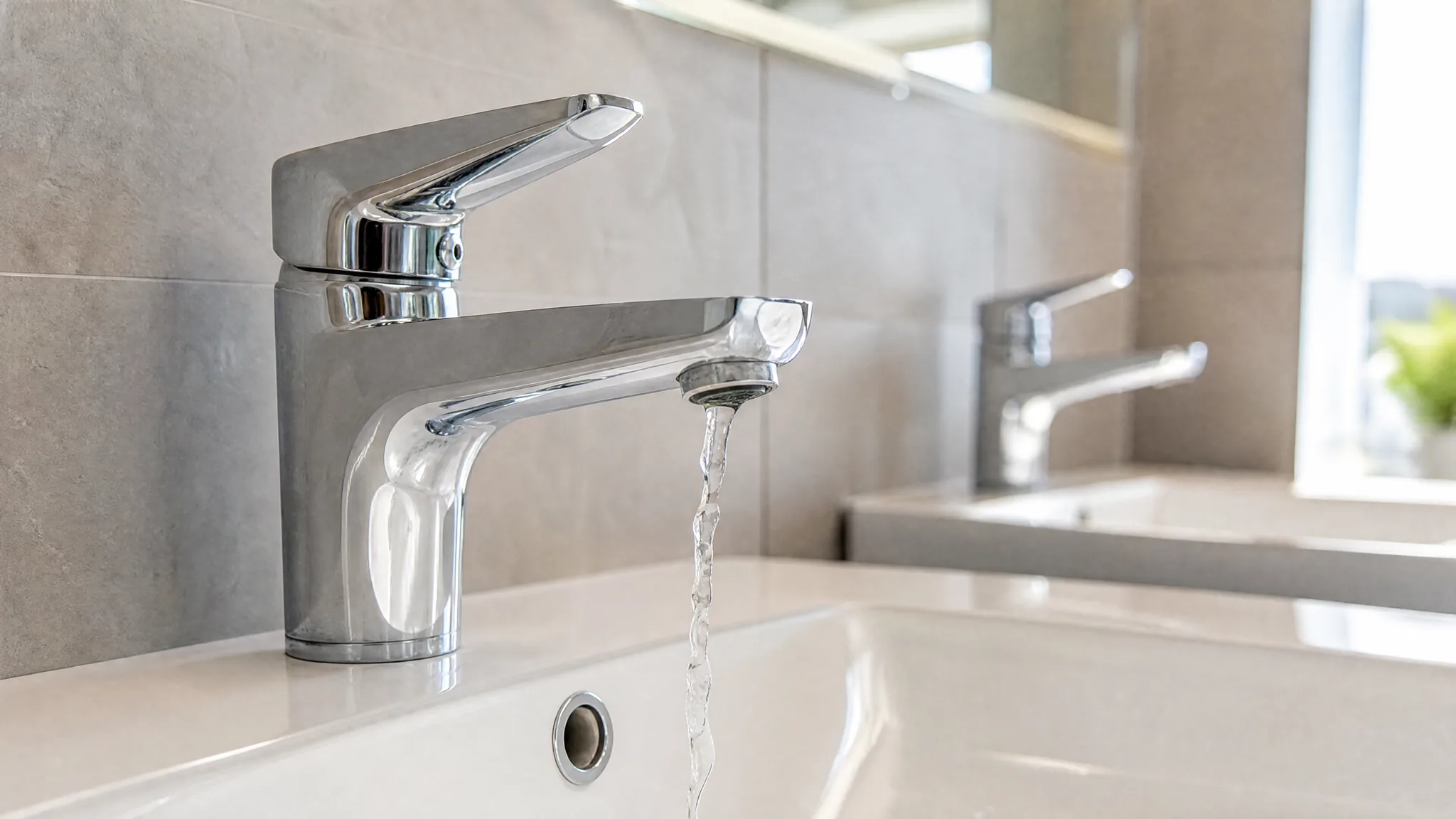 Grifo de lavabo con un chorro de agua débil y otro grifo al fondo para comparar el caudal