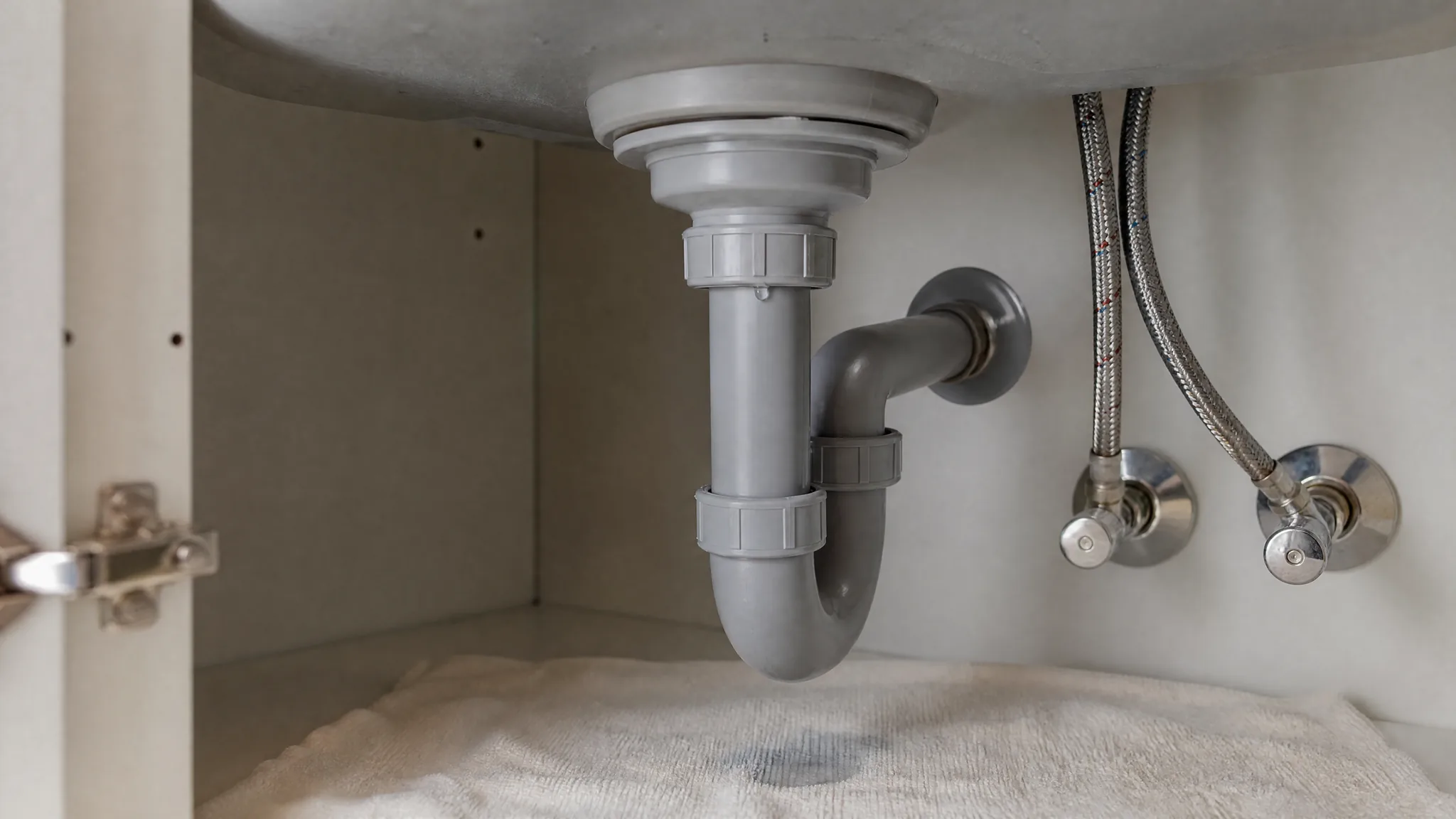 Interior de un mueble bajo fregadero con una gota en la unión del desagüe y un paño absorbente debajo